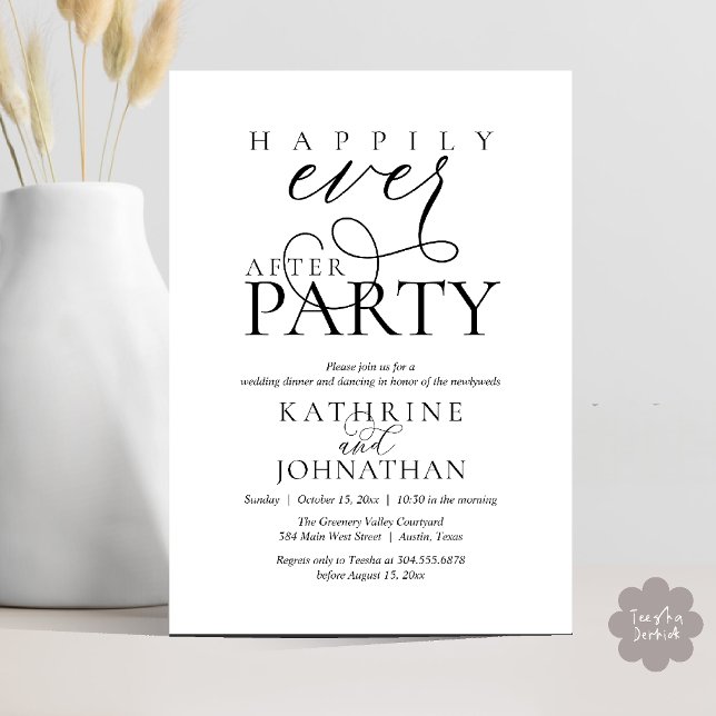 Modern Script Happily Ever After Party Elopement Invitation (Modern Script Happily Ever After Dinner Party Elopement Invitation Card in Black and White)
