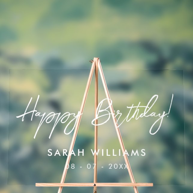 Modern Script Happy Birthday Transparent Acrylic Sign (Neutral)