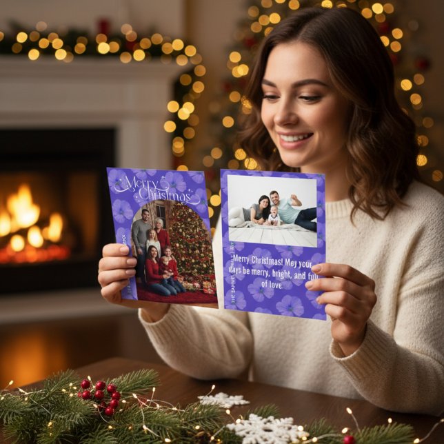 Modern Script Happy Holidays Arch Two Photo Floral Holiday Card (Creator Uploaded)