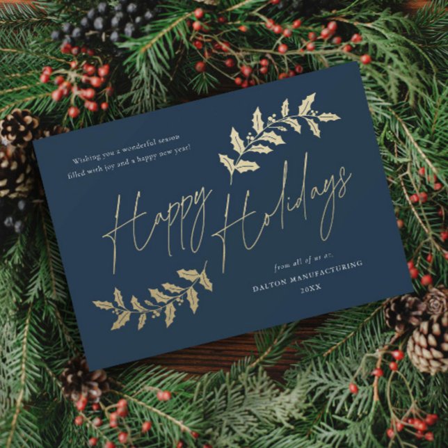Modern Script Happy Holidays Business Holiday Card (Elegant gold greenery leaves happy holidays blue business holiday card.)