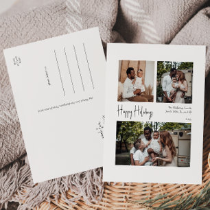 Modern Script Happy Holidays Centred Three-Photo Holiday Postcard