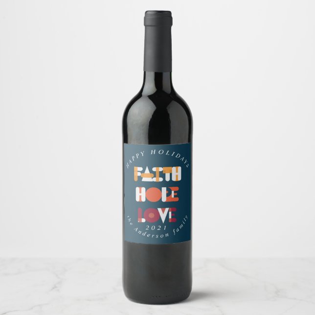 modern script happy holidays colourful monogram wine label (Front)