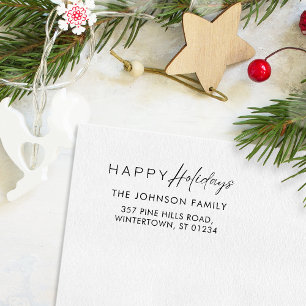 Modern Script Happy Holidays Family Return Address Rubber Stamp