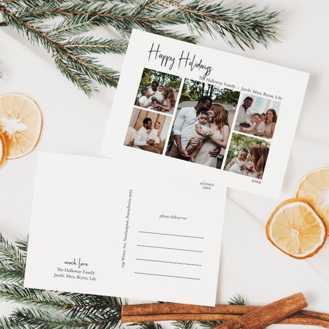 Modern Script Happy Holidays Five-Photo Holiday Postcard (Creator Uploaded)