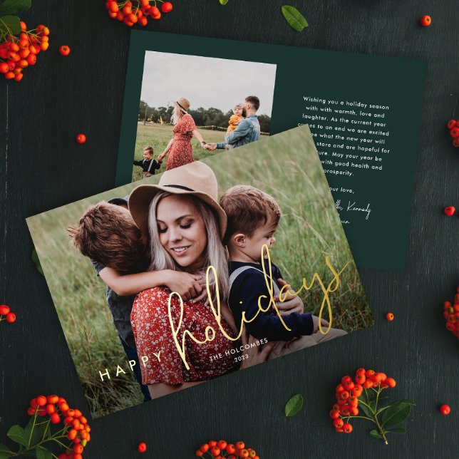 Modern Script Happy Holidays Photo  (Simple modern photo holiday card with gold foil script greeting overlay and green backer.)