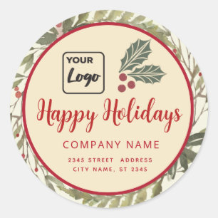 Modern script Happy Holidays red holly logo  Class Classic Round Sticker