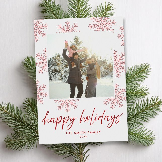 Modern Script Happy Holidays Snowflakes Photo Holiday Card (Creator Uploaded)