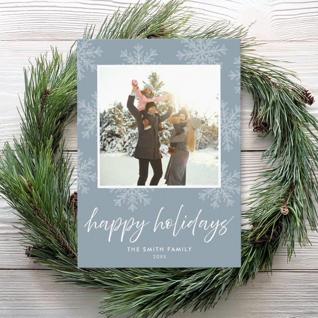 Modern Script Happy Holidays Snowflakes Photo Holiday Card (Creator Uploaded)