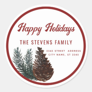 Modern script Happy Holiidays pine cone branch  Cl Classic Round Sticker