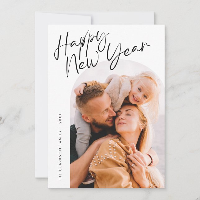 Modern Script Happy New Year Arch 2 Photo Holiday Card (Front)