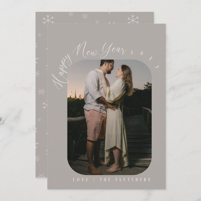 Modern Script Happy New Year Photo  Holiday Card (Front/Back)