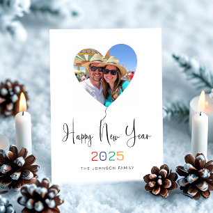 Modern Script Heart Balloon Photo Happy New Year Holiday Card