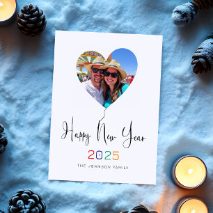 Modern Script Heart Balloon Photo Happy New Year Holiday Postcard