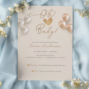 Modern Script Heart Balloons Neutral Baby Shower Invitation