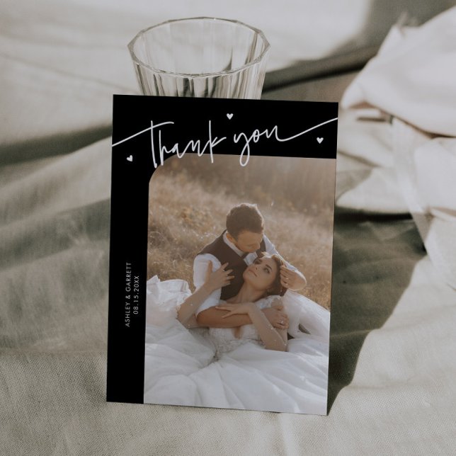 Modern Script Heart Black Wedding  Thank You Card (Creator Uploaded)