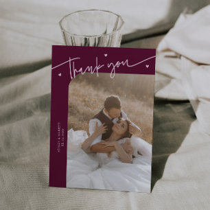 Modern Script Heart Cranberry Wedding Thank You Card