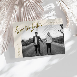 Modern Script Heart Cream Curved Frame Photo Save The Date