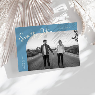 Modern Script Heart Denim Blue Curved Frame Photo Save The Date