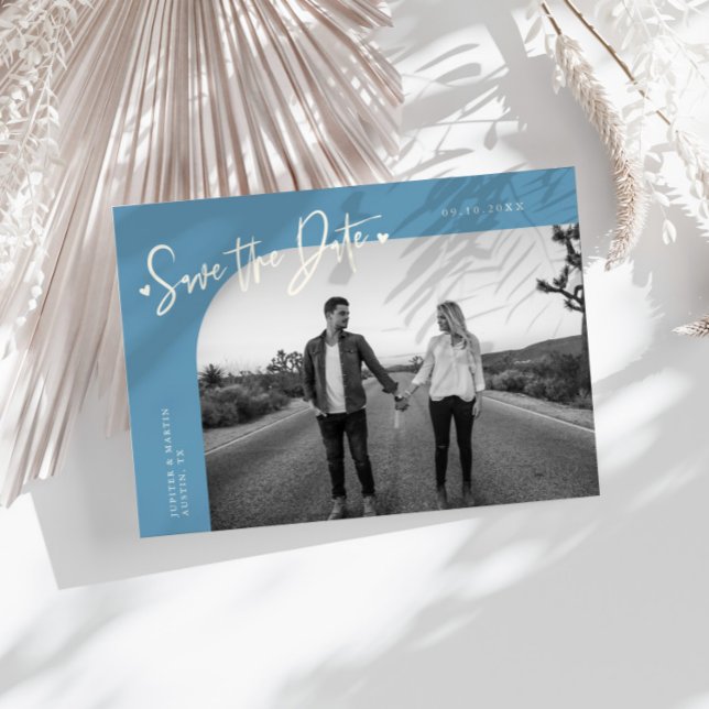 Modern Script Heart Denim Blue Curved Frame Photo Save The Date (Creator Uploaded)