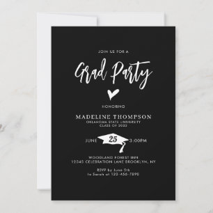 Modern Script Heart Grad Party Black Graduation Invitation