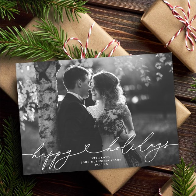 Modern Script Heart Happy Holidays One Photo Holiday Card (Creator Uploaded)