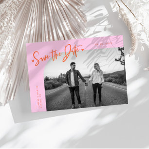Modern Script Heart Orange Pink Curved Frame Photo Save The Date
