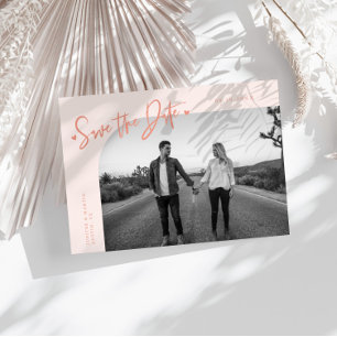 Modern Script Heart Peach Curved Frame Photo Save The Date