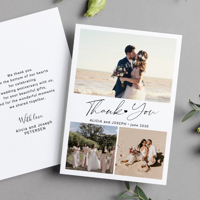 Modern script heart photo collage wedding  thank you card (Creator Uploaded)