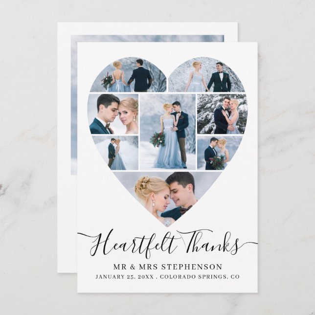 Modern Script Heart Photo Collage Wedding Thank You Card (Front/Back)