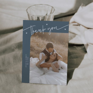 Modern Script Heart Slate Blue Wedding Thank You Card
