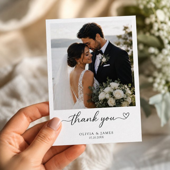 Modern Script Heart Typography Wedding Photo Thank You Card (Creator Uploaded)