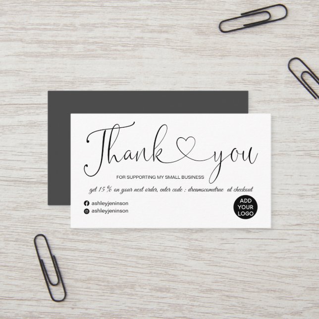 Modern script heart white order thank you business card (Front/Back In Situ)