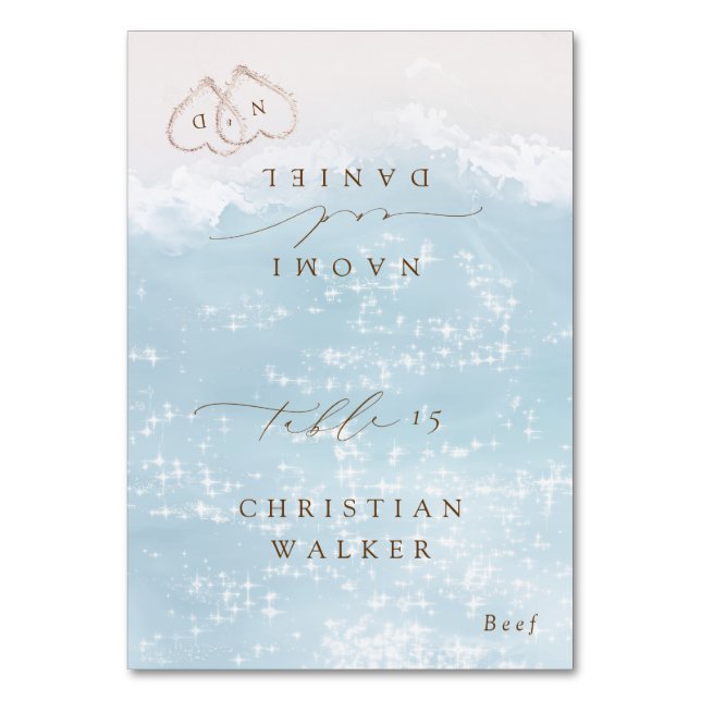 Modern Script Hearts Beach Foldable Place Card (Front)