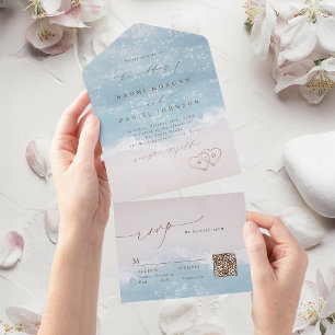 Modern Script Hearts in the sand Beach wedding  All In One Invitation