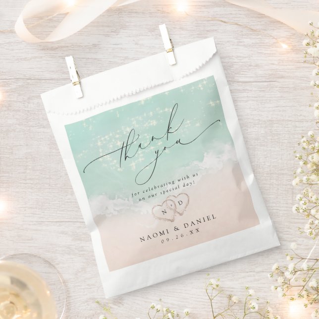 Modern Script Hearts in the Sand Beach Wedding Favour Bags (Clipped)