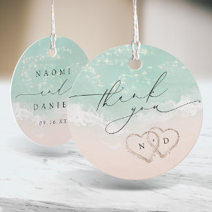 Modern Script Hearts in the sand Beach Wedding  Favour Tags