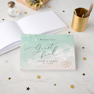 Modern Script Hearts In The Sand Beach Wedding Guest Book