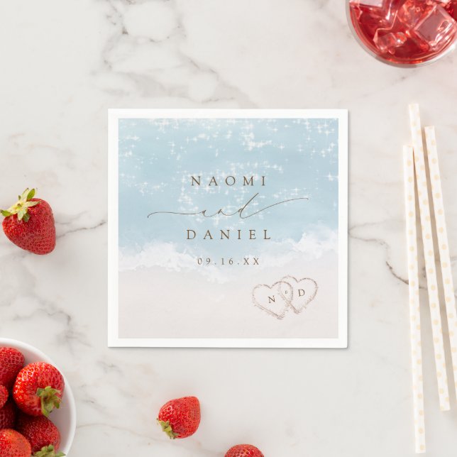 Modern Script Hearts In The Sand Beach Wedding  Napkin (Insitu)