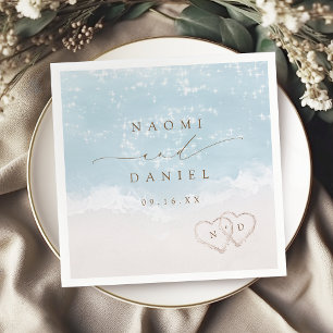 Modern Script Hearts In The Sand Beach Wedding  Napkin