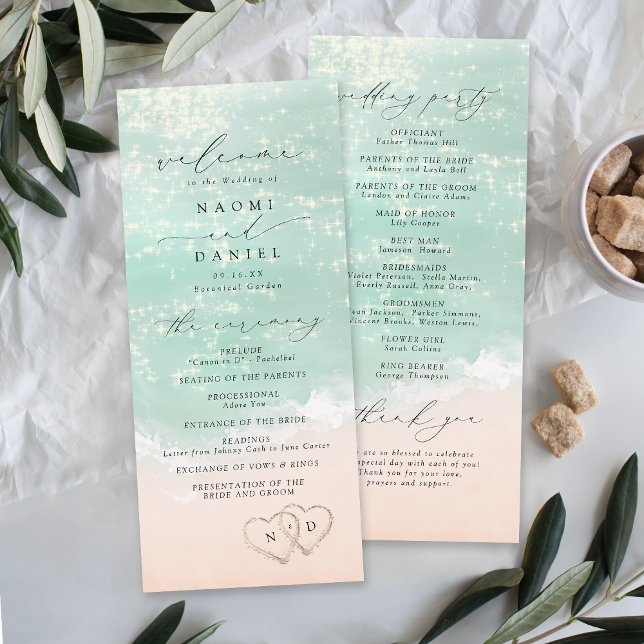 Modern Script Hearts In The Sand Beach Wedding  Programme (Modern Script Hearts In The Sand Beach Wedding Program)
