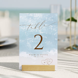 Modern Script Hearts In The Sand Beach Wedding Table Number