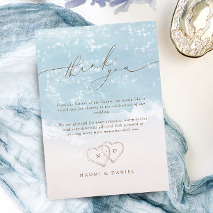 Modern Script Hearts In The Sand Beach Wedding Thank You Card
