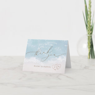 Modern Script Hearts In The Sand Beach Wedding Thank You Card