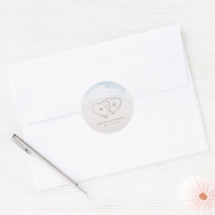 Modern Script Hearts Monogram Beach Wedding Favour Classic Round Sticker