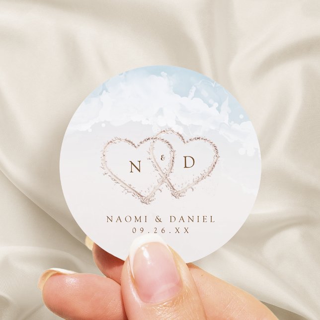 Modern Script Hearts Monogram Beach Wedding Favour Classic Round Sticker (Modern Script Hearts Monogram Beach Wedding Favors Classic Round Sticker)