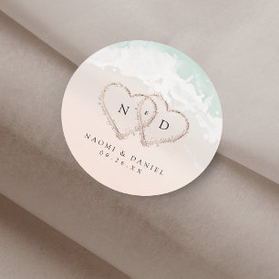 Modern Script Hearts Monogram Beach Wedding Favour Classic Round Sticker
