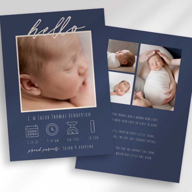 Modern Script Hello Baby Photo Birth Announcement (Creator Uploaded)
