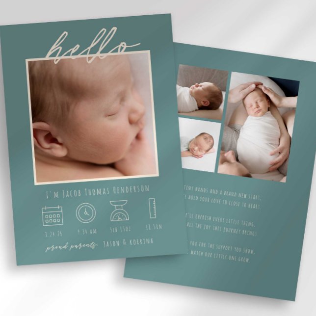 Modern Script Hello Baby Photo Birth Announcement (Creator Uploaded)