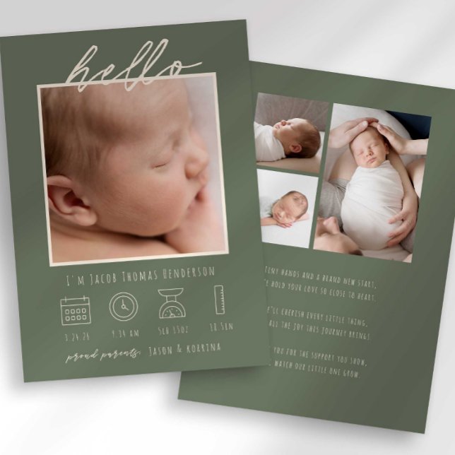 Modern Script Hello Baby Photo Birth Announcement (Creator Uploaded)