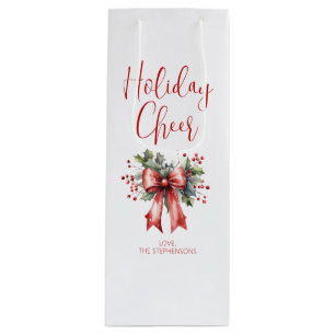 Modern Script Holiday Cheer Red Bow Name Wine Gift Bag